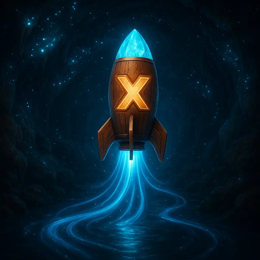A glowing multiplier rocket rising above an underground river inside a luminous cave at 24Magic Casino