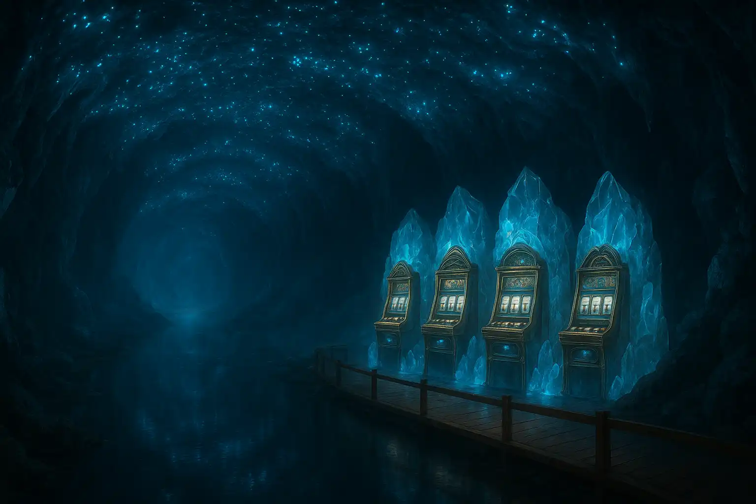 Shimmering glowworm cave river with slot machines carved into crystal rock at 24Magic Casino