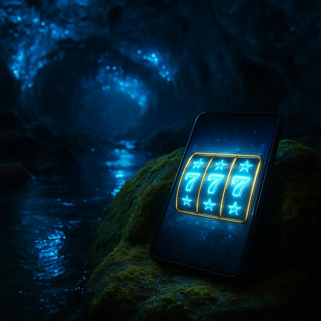 A smartphone displaying glowing pokie reels resting on a mossy cave rock beside an underground stream