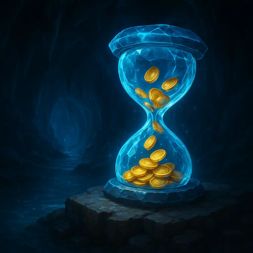 Glowing crystal hourglass with falling coins representing weekly cashback at 24Magic