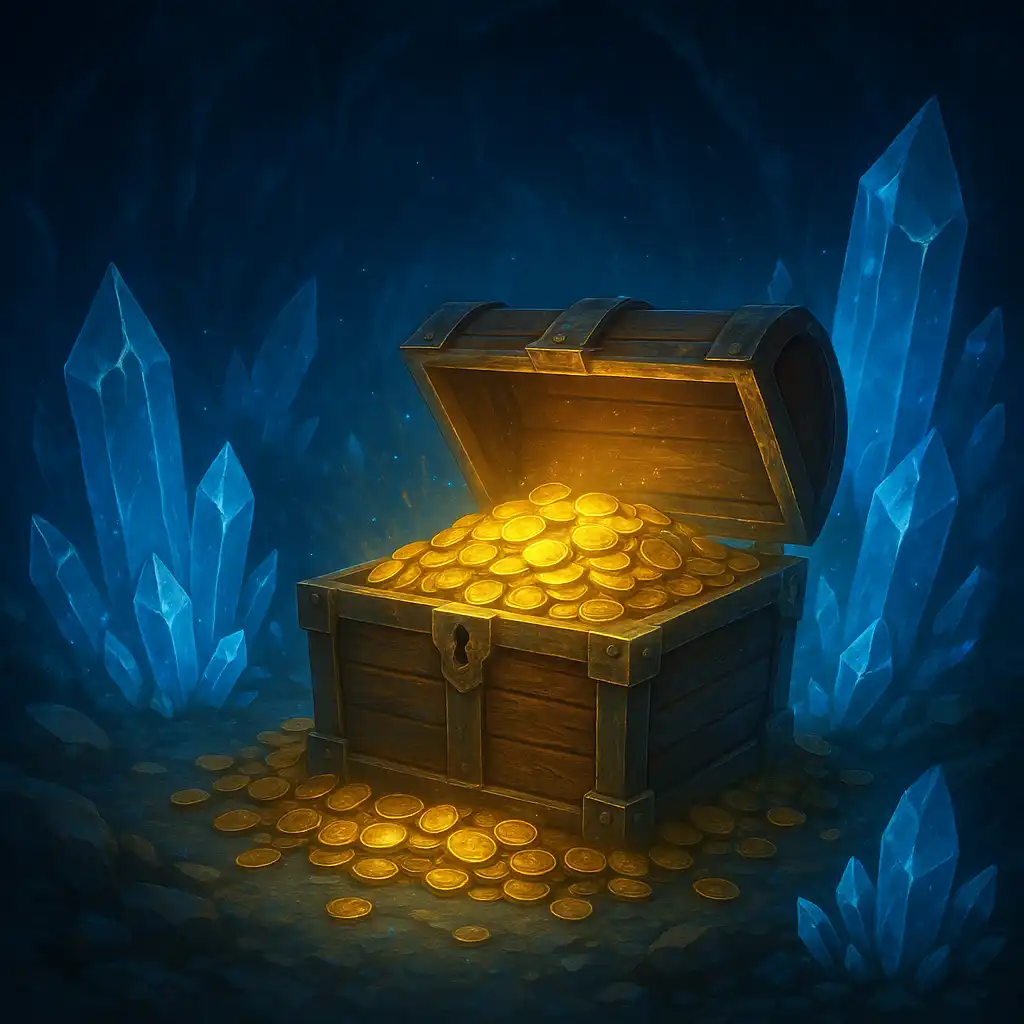 Glowing treasure chest of gold coins representing the reload bonus at 24Magic