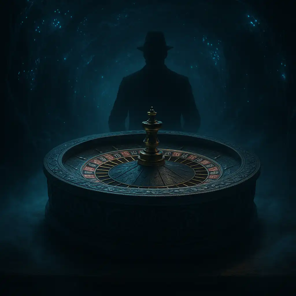 A carved stone roulette wheel glowing under blue cave light with a dealer at 24Magic Casino